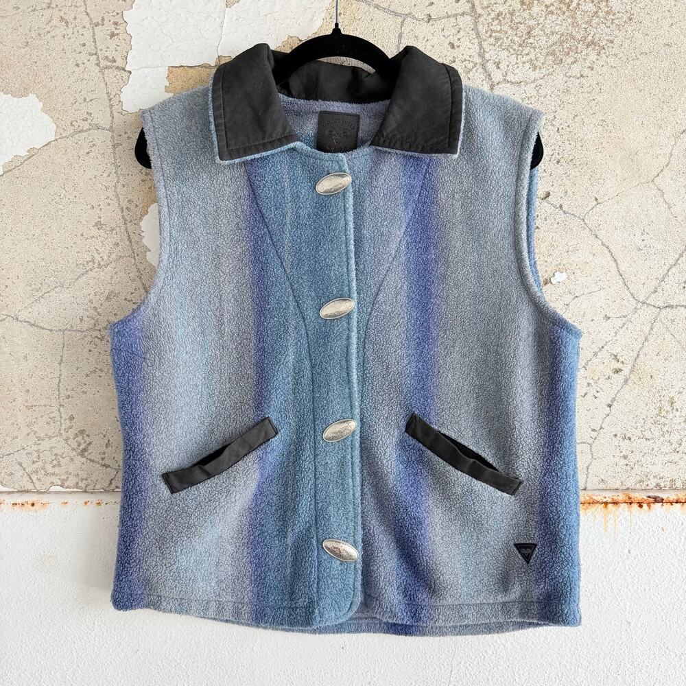 Vtg Fleece Vest Wolly‎ Bully Wear Blue Ombre Western Concho Button Cabin 90s L